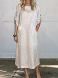 Women’s Comfortable Solid Color Linen Pocket Dress White / S