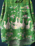 Women’s Lovely Goose Floral Art Print Casual Cotton And Linen Shirt