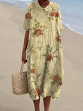 Women’s Vintage Floral Art Print Pocket Linen Dress（Convertible Dress With Front And Back