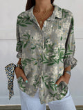 Elegant White Floret Print Women’s Casual Linen V-Neck Shirt Multicolor / S