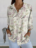 Women’s Pink Bird And Flower Print Casual Linen V-Neck Shirt Multicolor / S