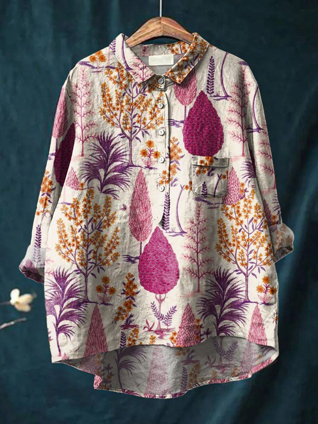 Women’s Floral Art Print Casual Cotton And Linen Shirt Multicolor / S