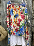 Colorful Watercolor Floral Field Printed Women’s Casual Linen Cotton Pullover Top Multicolor /