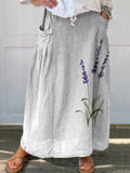 Watercolor Lavender Floral Printed Women’s Linen Pocket Skirt