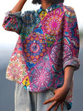 Hippie Style Geometric Pattern Printed Women’s Casual Cotton And Linen Shirt