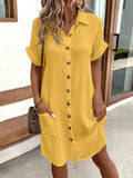 Women’s Casual Solid Color Button Down Short Sleeve Dress Yellow / S