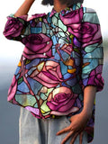 Women’s Purple Flower Window Print On Blue Background Casual Cotton And Linen Shirt