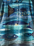 Vintage Lovely Fish Ocean Art Print Casual Cotton And Linen Shirt