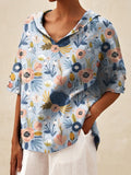 Women’s Floral Art Print Casual Linen V-Neck Shirt Multicolor / S