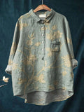 Women’s Retro Floral Art Print Casual Cotton And Linen Shirt Top-2 / S