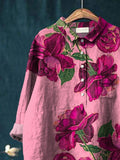 Women’s Flower Art Print Casual Cotton And Linen Shirt