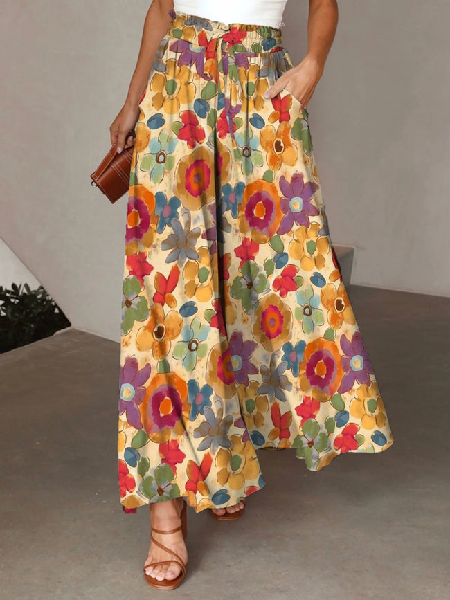 Colorful Hand-Painted Floral Print Wide Leg Pants Color / S