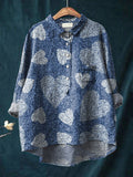 Vintage Lovely Hearts Art Print Casual Cotton And Linen Shirt Blue / S