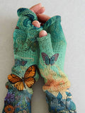 Women's Knit Vintage Christmas Gift Butterfly Art Printing Fingerless Gloves