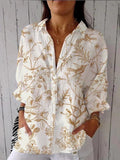 Women’s Yellow Simple Flower And Bird Print Casual Linen V-Neck Shirt Multicolor / S