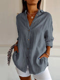 Women’s Single-Row Buttons Pleated Solid Color Shirt Grey / S