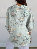 Women’s Retro White Floral Print On Light Blue Background Casual Linen V-Neck Shirt