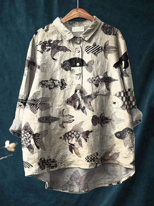 Women’s Retro Distressed Small Fish Print Casual Cotton And Linen Shirt Multicolor / S