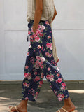 Lovely Retro Rose Pattern Printed Women’s 100% Cotton Casual Pants Multicolor / S