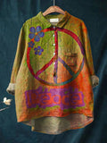 Women’s Rainbow Color Retro Gradient Peace Sign Print Casual Cotton And Linen Shirt Multicolor / S