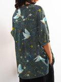 Women’s Vintage Lovely Birds Stars Art Print Casual Cotton And Linen Shirt