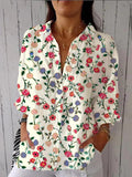 Women’s Red Apricot And Purple Elegant Small Flower Floral Print Casual Linen V-Neck Shirt