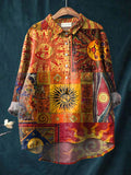 Women’s Vintage Ethnic Sun Pattern Art Print Casual Cotton And Linen Shirt Multicolor / S