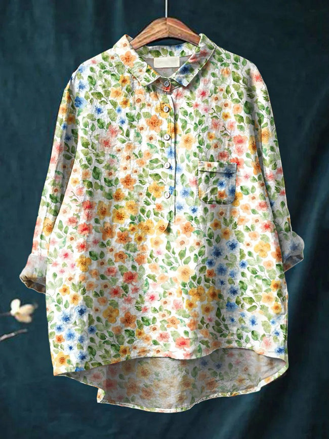 Women’s Floral Art Print Casual Cotton And Linen Shirt Multicolor / S