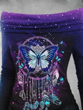 Women's Dreamcatcher Butterfly Fall Art Print Off Shoulder Foldover Cinched Top