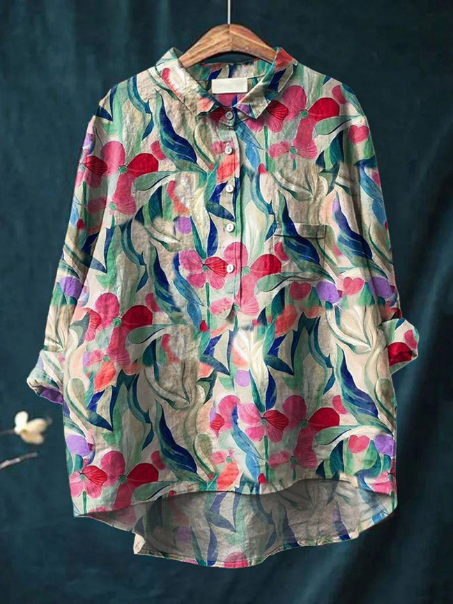 Women’s Flower Print Casual Cotton And Linen Shirt Multicolor / S