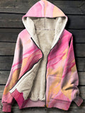 Pink Art Print Waffle Plush Thick Long-Sleeved Hooded Coat Multicolor / S