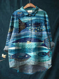 Vintage Lovely Fish Ocean Art Print Casual Cotton And Linen Shirt Multicolor / S