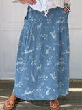 Spring Woodland Rabbit Repeat Pattern Printed Women’s Linen Pocket Skirt Blue / S