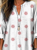 Simple Ethnic Style Geometric Pattern Printed Women’s Casual Linen V-Neck Shirt