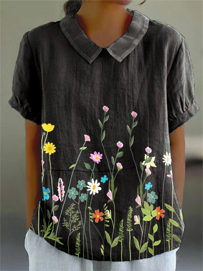 Women's Flower Art Print Casual Cotton And Linen Shirt