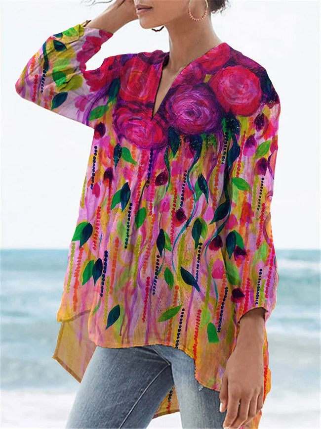 Women’s Flower Print Casual Linen V-Neck Shirt Multicolor / S