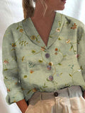 Women’s Retro Floral Art Print Casual Cotton Blouse Green / S