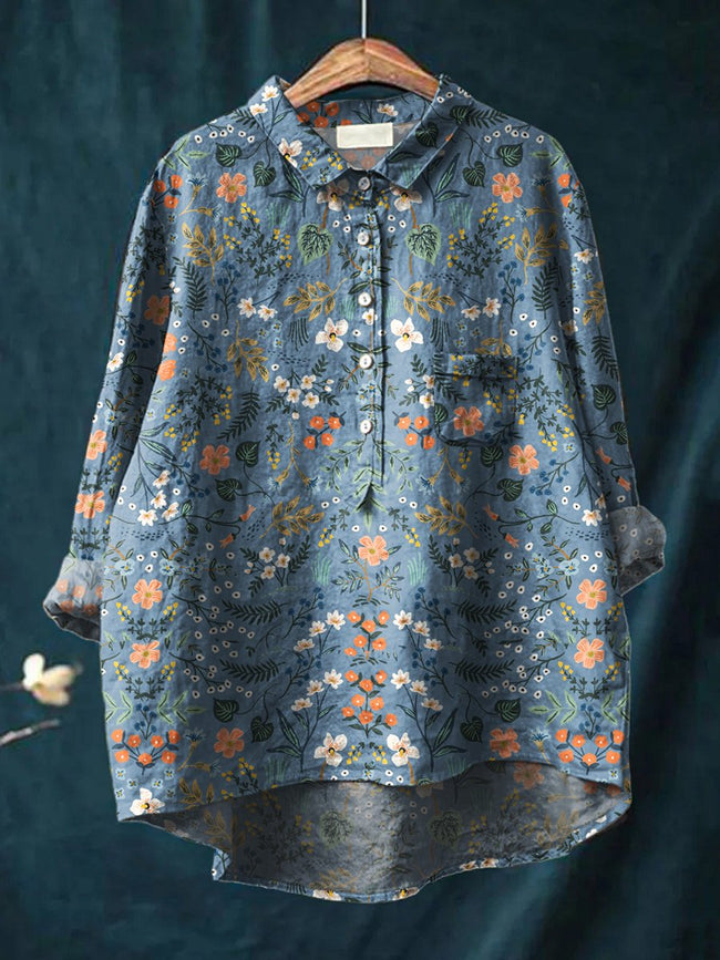 Women’s Floral Art Print Casual Cotton And Linen Shirt Multicolor / S