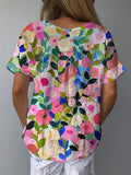 Colorful Spring Floral Garden Printed Women’s Casual Cotton And Linen Shirt