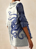 Women’s Deep Sea Octopus Tentacles Art Print Casual Linen V-Neck Shirt