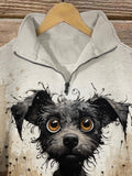 Retro Ink Color Dog Print Casual Zipper Sweatshirt