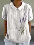 Watercolor Lavender Floral Art Printed Women's Casual Cotton And Linen Shirt