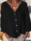 Women’s Solid Color Retro Cotton And Linen Casual Shirt Black / S