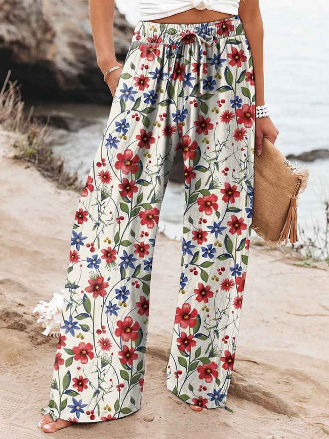 Women’s Red And Blue Flower Floral Print Cotton And Linen Casual Pants Multicolor / S