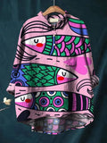 Lovely Line Drawing Fish Pattern Printed Women’s Casual Cotton And Linen Shirt Multicolor / S