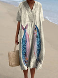 Women’s Fish Mackerel Vintage Art Print Flowy Dress Multicolor / S