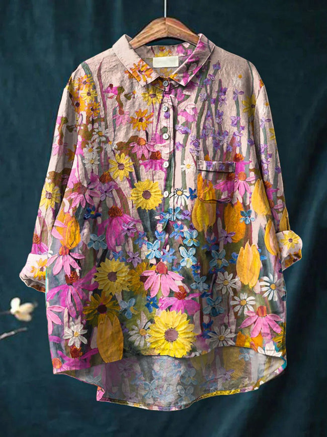 Women’s Vintage Flower Art Print Casual Cotton And Linen Shirt Multicolor / S