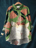 Vintage Lovely Cat Strawberry Art Print Casual Cotton And Linen Shirt Multicolor / S