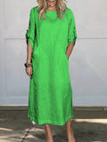 Women’s Comfortable Solid Color Linen Pocket Dress Green / S