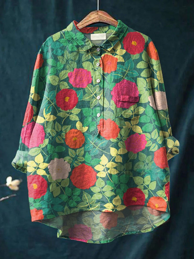 Women’s Vintage Flower Print Casual Cotton And Linen Shirt Multicolor / S